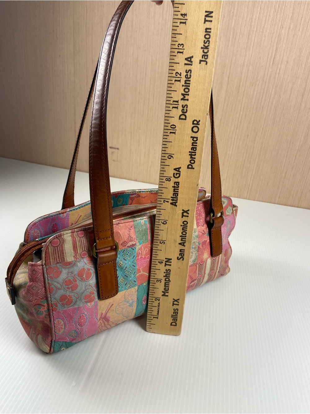 Fossil Genuine Leather Patchwork Print Shoulder Bag Boho Y2K Purse - Picture 4 of 10